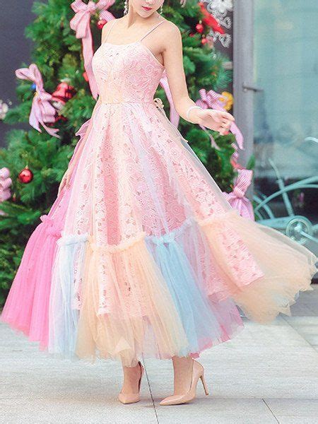 Pink Spaghetti Strap Crochet Lace Rainbow Mesh Overlay Maxi Dress