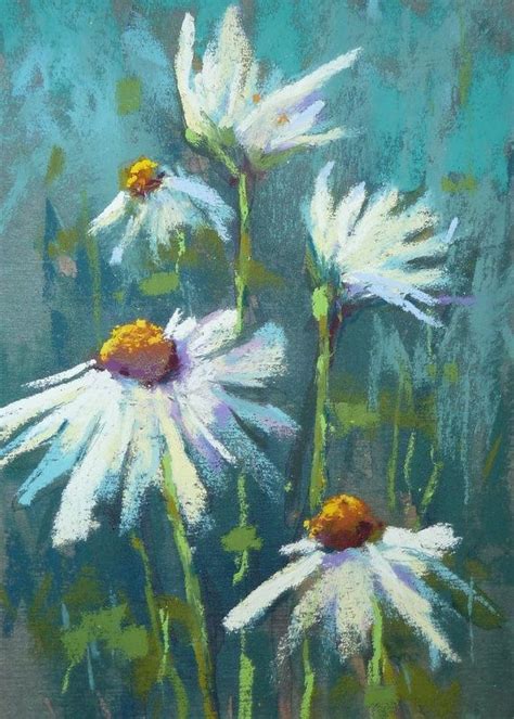 White Daisies On Blue 5x7 Original Pastel By Karen Margulis The Art Of