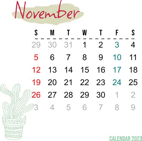 Calendario Noviembre 2023 Con Arte Lineal De Cactus Png Calendario