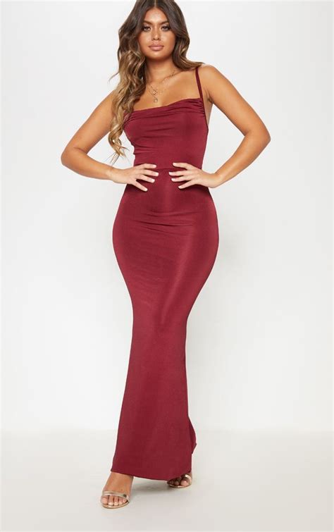 Deep Burgundy Strappy Slinky Cowl Maxi Dress Dresses Ruched Maxi Dress Floaty Maxi Dress