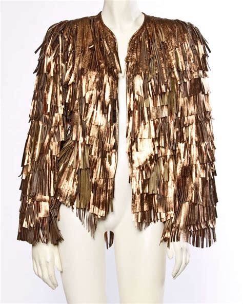 Vintage 1980s 80s Metallic Rose Gold Leather Fringe 2 Piece Jacket Skirt Set At 1stdibs