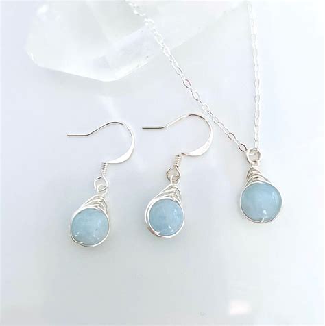 Aquamarine Necklace And Earrings Set Aquamarine Wire Wrapped Necklace