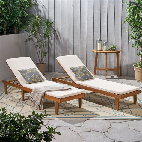 Noble House Maddison Outdoor Modern Acacia Wood Chaise Lounge With Cushion Set Of 2 Teak And