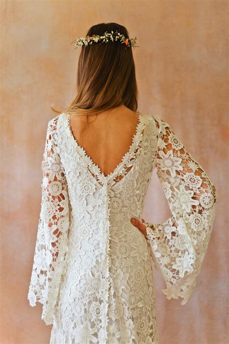Boho Crochet Style Lace Gown With Bell Sleeves Dreamers