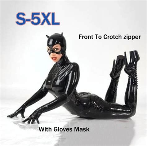 Fast Delivery Adult Women Black Pu Patent Leather Catsuit Sexy Catwoman
