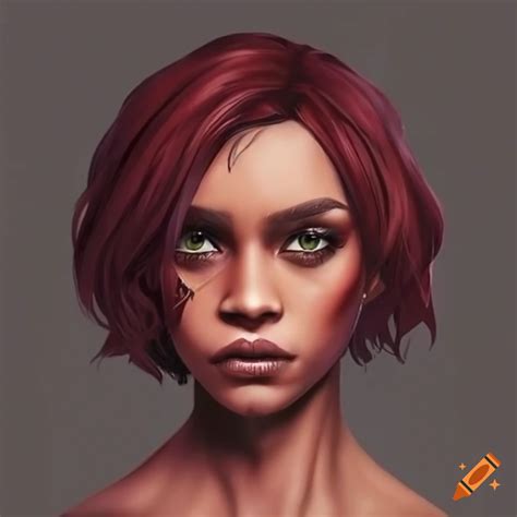digital art of a maroon haired alien woman with pointed ears on craiyon