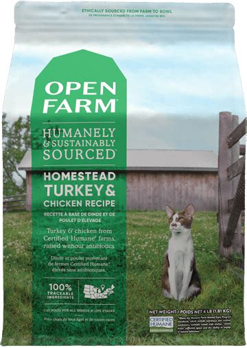 Grain and potato free with no antibiotics or growth hormones. Homestead Turkey & Chicken Dry Cat Food - Open Farm