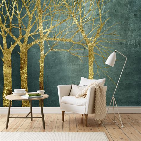 Concrete Dark Green Wall And Gold Trees Wallpaper Trendy Wall Etsy