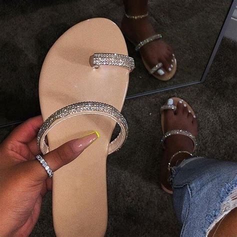 Shiny Toe Ring Sandals Rhinestones Womens Slide Sandals