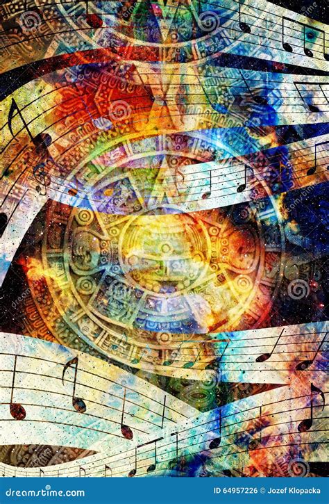 Ancient Mayan Calendar And Music Note Cosmic Space With Stars