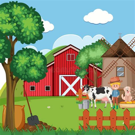 Farm Scene With Farmer And Animals On The Farm Stock Vector