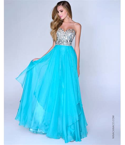 Nina Canacci 2014 Prom Dresses Aqua Chiffon And Beaded Strapless Prom