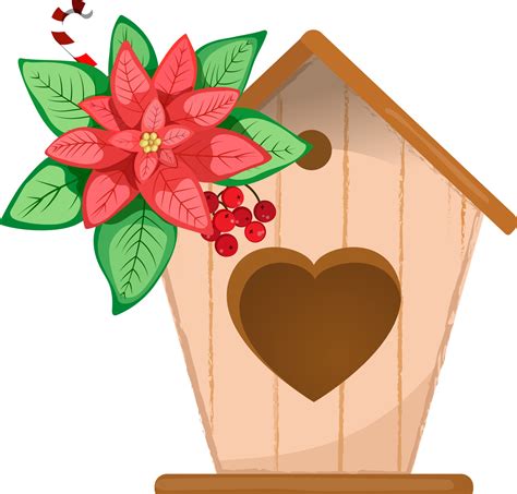 Christmas Clipart Composition Birdhouse With Poinsettia Flower Merry