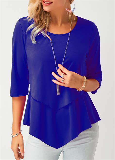 Asymmetric Hem Royal Blue Chiffon Blouse Trendy Fashion Tops Fashion