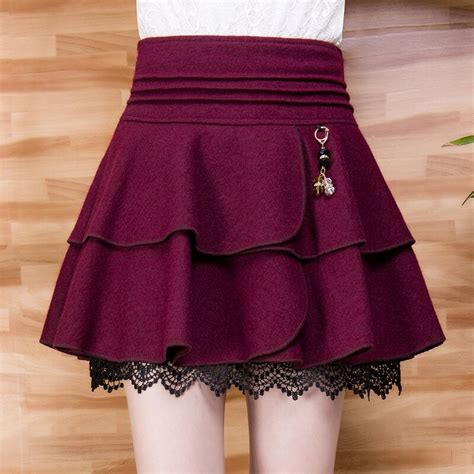 Autumn Winter Women High Waist Woolen Pleated Skirt Stitching Lace Wool Skirt Women Elegant
