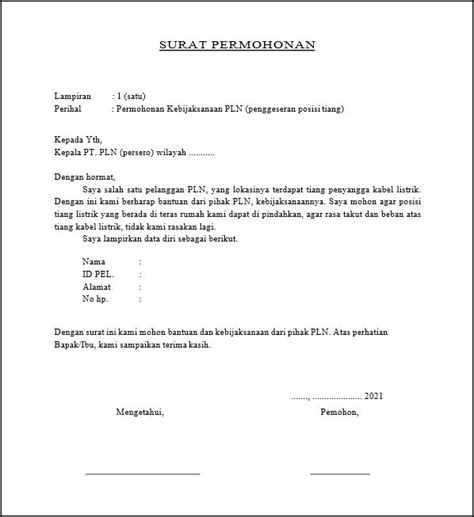 Contoh Surat Permohonan Pemindahan Tiang Listrik Yang Baik Dan Benar