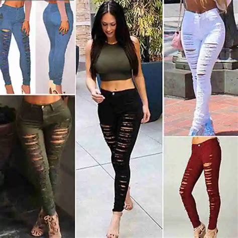 Fashion Women Denim Skinny Ripped Pants High Waist Stretch Jeans Hole Slim Pencil Trousers High