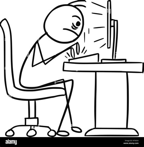 Cartoon Vector Doodle Stickman Sitting In Front Of The Computer And