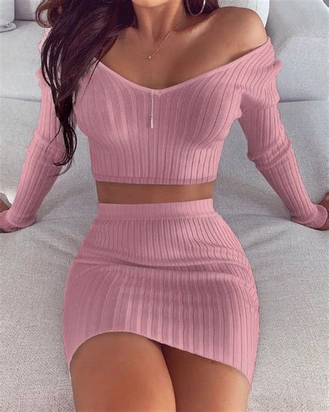 Solid Ribbed Crop Top Skirt Sets Long Sleeve Bodycon Long Sleeve