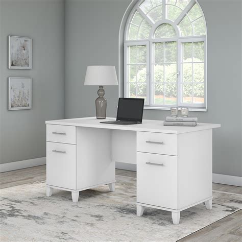60w Office Desk With Drawers In White By Bush