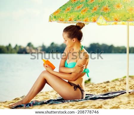 Suntan Lotion Woman Applying Sunscreen Solar Stock Photo