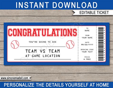 Baseball Game Ticket Congratulations T Voucher Printable Template