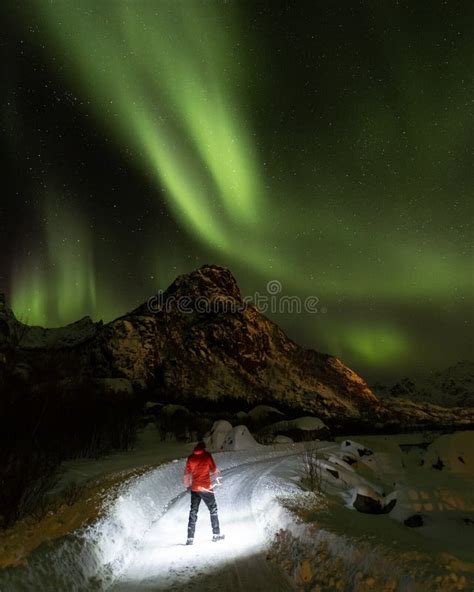 Hiker In The Magical Northern Lights In Lofoten Islands Norway Aurora