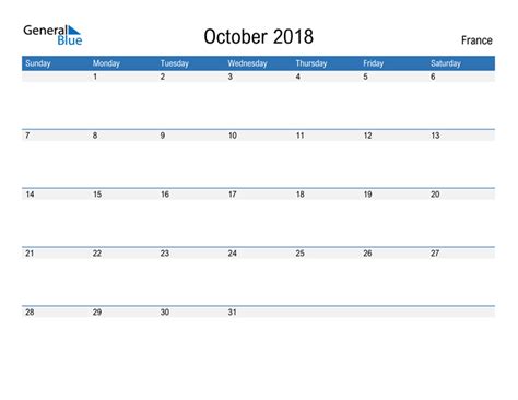 October 2018 Calendar With France Holidays