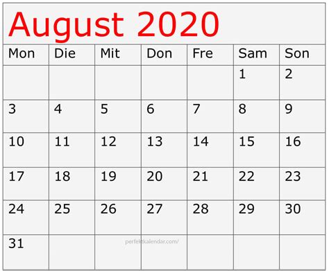 Druckbare Vorlage Für Kalender August 2020 Blank Printable Calendar