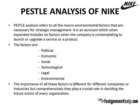 Pest analysis is a methodology that classifies effects of the environment as political, economic, social, and technological features. Nike SWOT & PESTLE Analysis Case Study - 100% Original Content