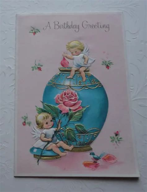 Vintage Rust Craft 1960s Birthday Card Gold Embossed Baby Angels
