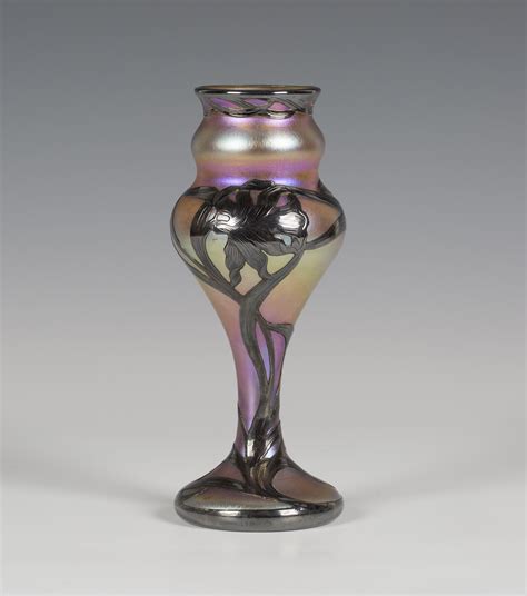An American Art Nouveau Quezal Silver Overlay Iridescent Glass Vase Early 20th Century The Amber T