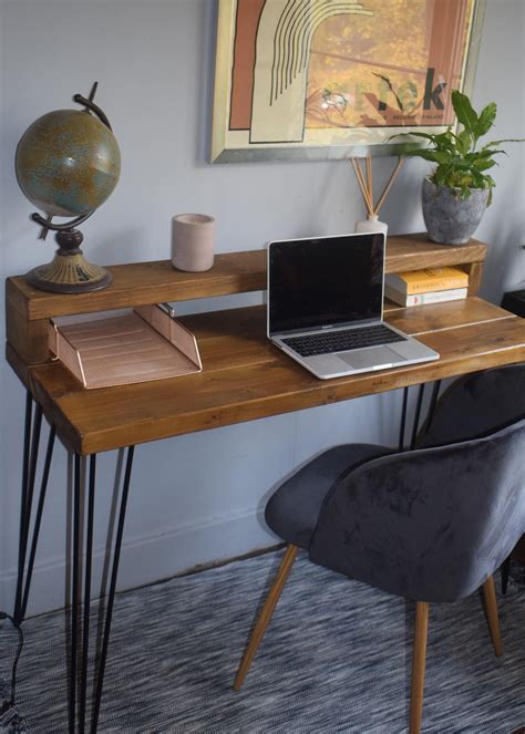 Wood Industrial Black Hairpin Legs Desk With Shelf Mid Century Etsy