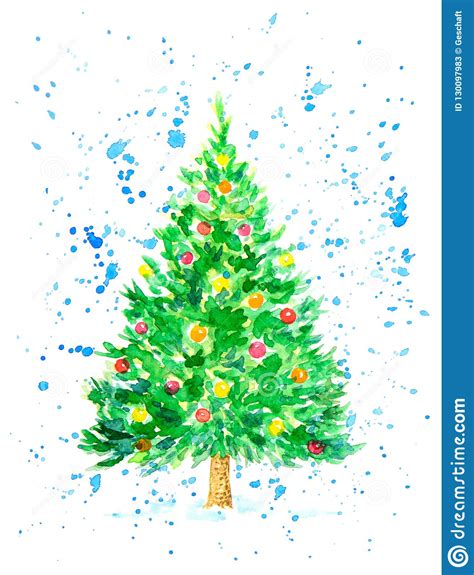 Christmas Fir Tree With Balls Covered By Snowflakes As Postcard