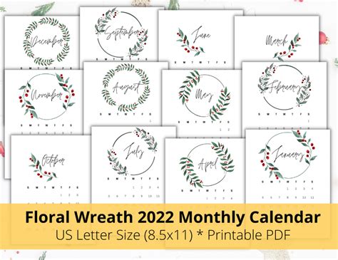 Calendar 2022 Printable Watercolor Floral Wreath Calendar 2022 Wall