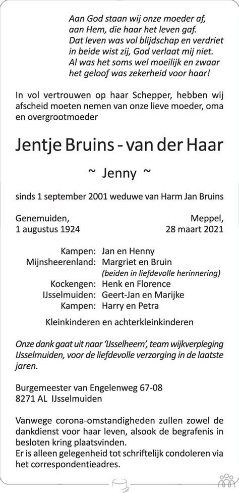 Jentje Jenny Bruins Van Der Haar Overlijdensbericht En