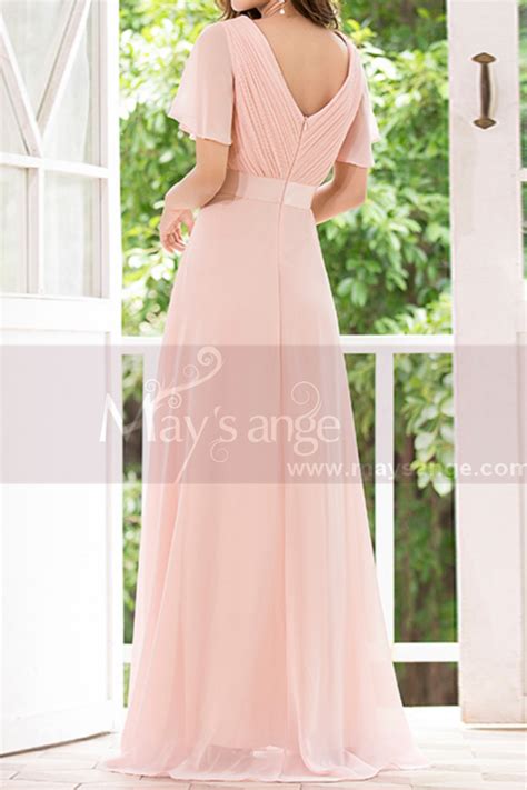 Floor Length Pink Bridesmaid Dresses With Draped V Neckline And Sleeves