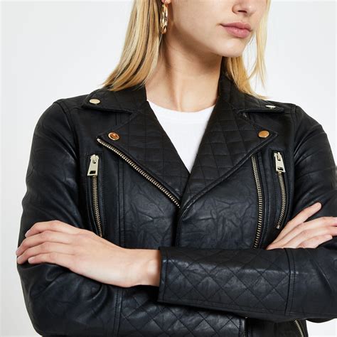 River Island Black Faux Leather Quilted Biker Jacket Lyst
