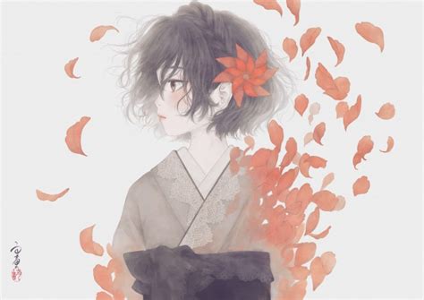 Wallpaper Anime Girl Kimono Flower Petals Profile View