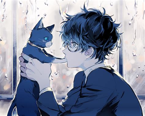 Download 1280x1024 Persona 5 Kurusu Akira Anime Boy Cat Glasses Profile View Cute