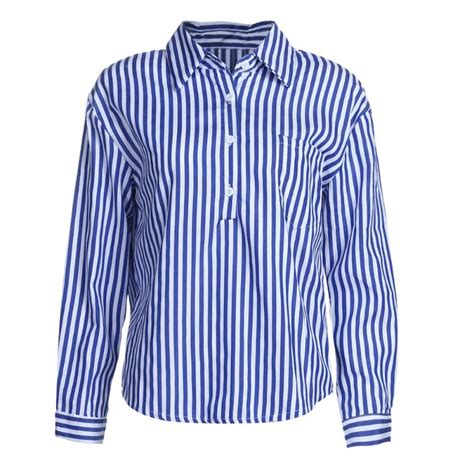 2018 Women Sweet Blue And White Striped Shirt Autumn Sexy V Neck Long Sleeve Loose Blouses