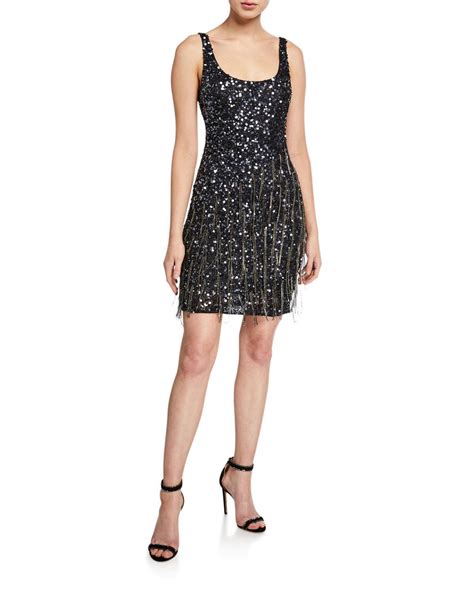 Parker Black Synthetic Reena Beaded Scoop Neck Sleeveless Mini Dress With Fringe Trim In Blue