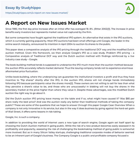 A Report On New Issues Market Essay Example