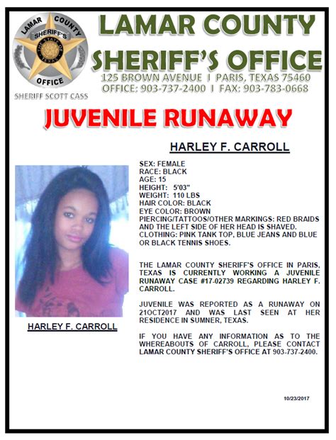 Lamar county tag & title. Juvenile Runaway reported to Lamar County Sheriff's Office