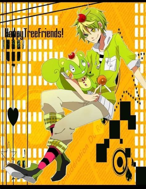 An Anime Character With Green Hair Sitting On Top Of A Yellow And Black Wallpaper