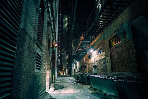 Dark And Eerie Downtown City Alley At Night Stock Image Image Of