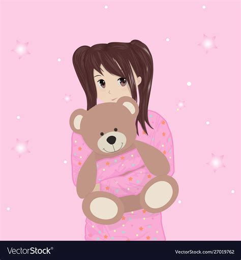 Girl In Pajamas Hugs A Bear Anime Royalty Free Vector Image