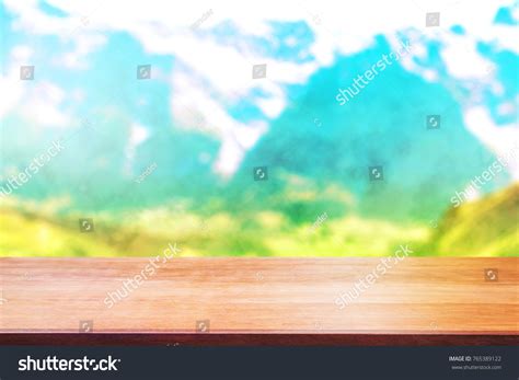 Wood Table Top On Blur Mountains Stock Photo 765389122 Shutterstock