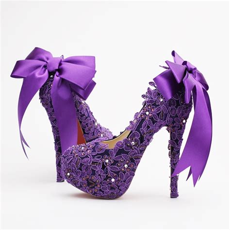 Fashion Handmade Fower High Heel Rhinestone Bridal Shoes Purple Lace
