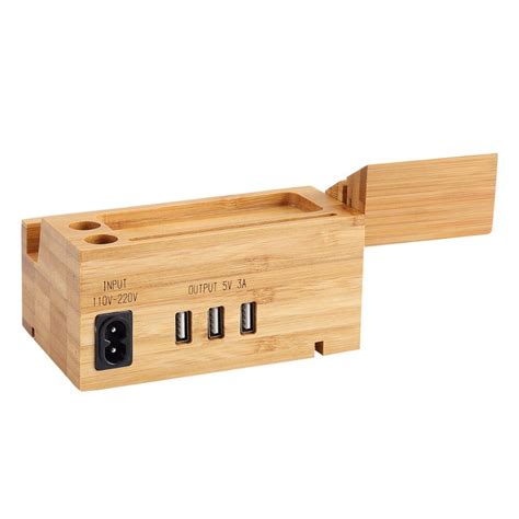 3 Port Usb 15w 3a Bamboo Wood Charging Station Phone Stand Adapter